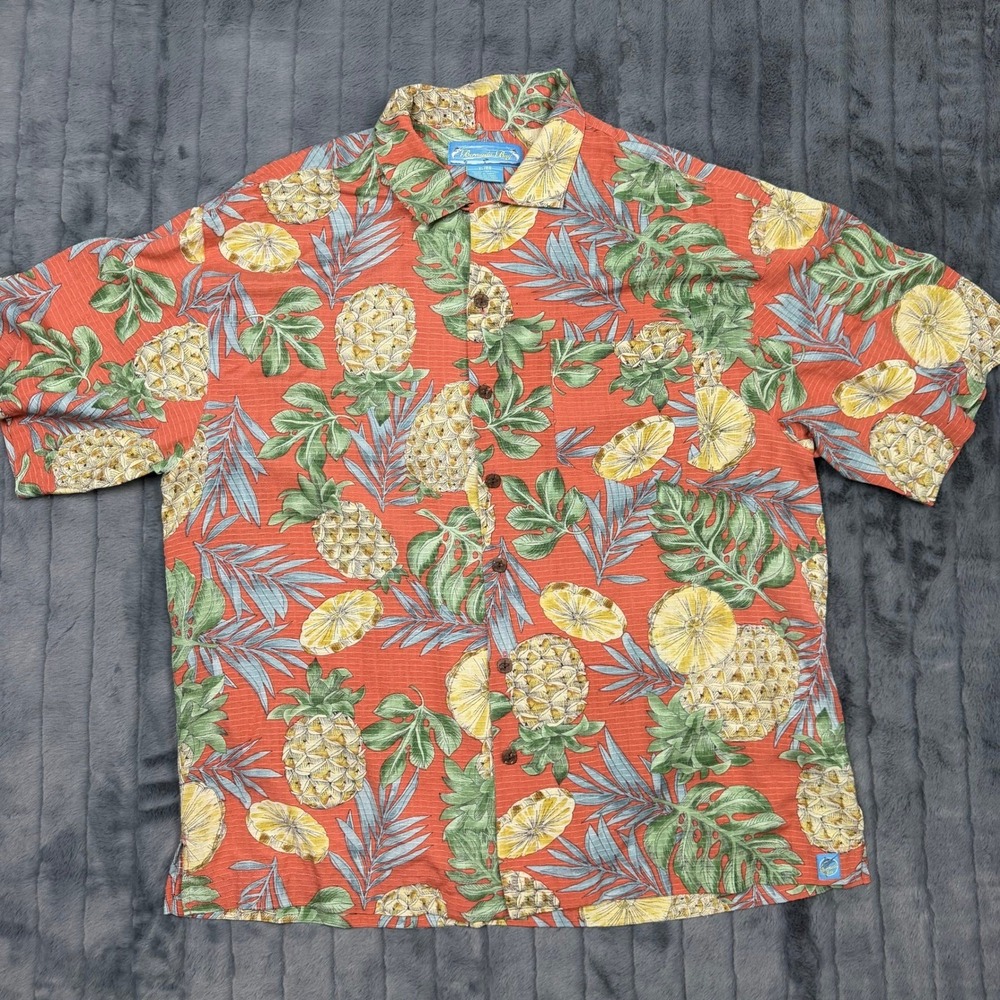 Bermuda Bay Mens XL Silk Hawaiian Shirt Pineapple Citrus Tropical Camp Red 7658